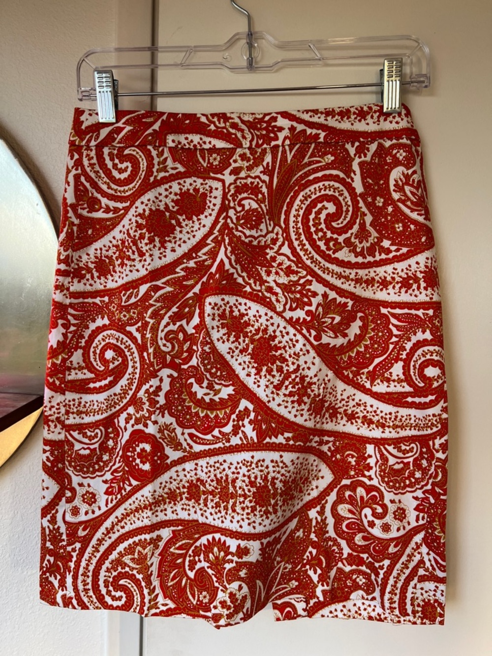 J. Crew Red and White Paisley Pencil Skirt